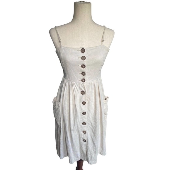 Forever 21 Beige Jumper‎ Dress Babydoll Pockets Sundress Small Button Midi - Picture 1 of 5